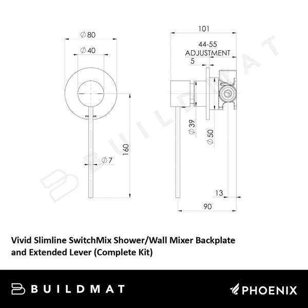 Phoenix Vivid Slimline SwitchMix Shower / Wall Mixer with Extended Lever (Complete Kit) Brushed Gold