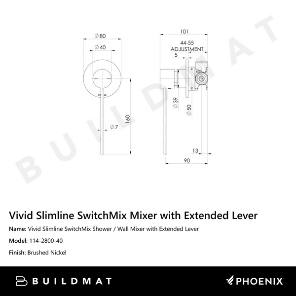 Phoenix Vivid Slimline SwitchMix Shower / Wall Mixer with Extended Lever (Complete Kit) Brushed Nickel
