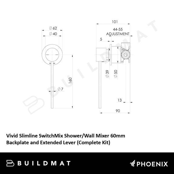 Phoenix Vivid Slimline SwitchMix Shower / Wall Mixer 60mm Backplate and Extended Lever (Complete Kit) Matte Black
