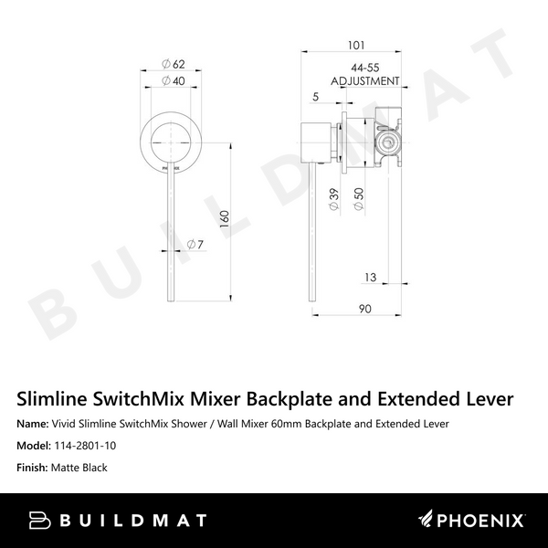 Phoenix Vivid Slimline SwitchMix Shower / Wall Mixer 60mm Backplate and Extended Lever Matte Black
