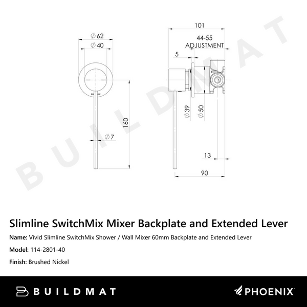 Phoenix Vivid Slimline SwitchMix Shower / Wall Mixer 60mm Backplate and Extended Lever Brushed Nickel