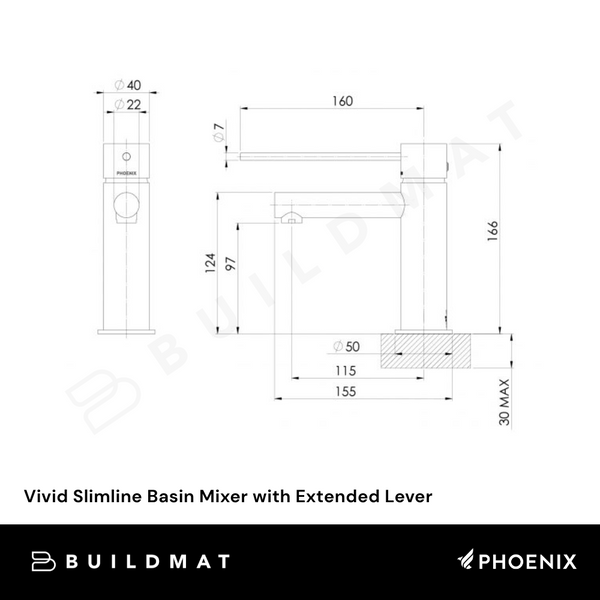 Phoenix Vivid Slimline Basin Mixer with Extended Lever Matte Black Lead Free