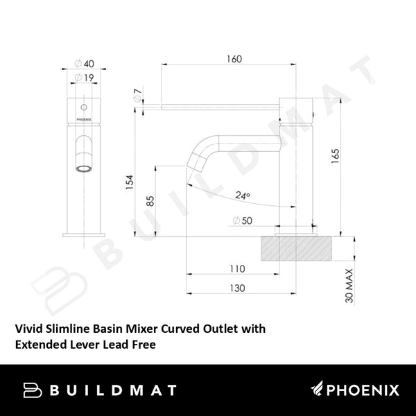 Phoenix Vivid Slimline Basin Mixer Curved Outlet with Extended Lever Brushed Carbon Lead Free