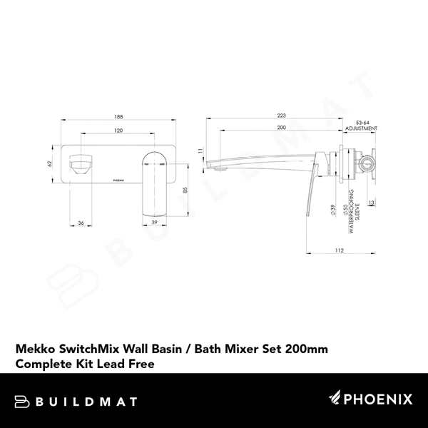 Phoenix Mekko SwitchMix Wall Basin / Bath Mixer Set 200mm (Complete Kit) Lead Free Brushed Nickel