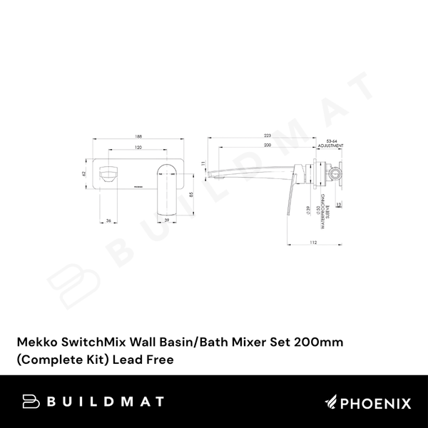 Phoenix Mekko SwitchMix Wall Basin/Bath Mixer Set 200mm (Complete Kit) Brushed Carbon Lead Free
