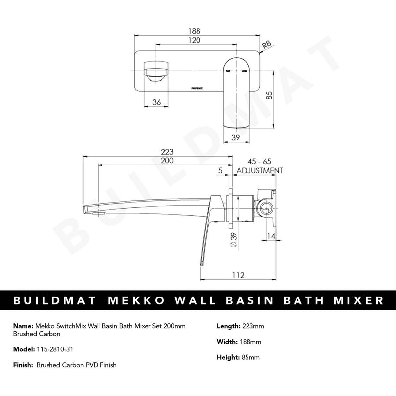 Mekko SwitchMix Wall Basin / Bath Mixer Set 200mm Brushed Carbon