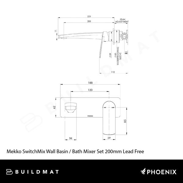 Phoenix Mekko SwitchMix Wall Basin / Bath Mixer Set 200mm (Fit-Off Kit Only) Lead Free Brushed Carbon