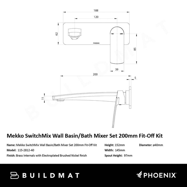 Phoenix Mekko SwitchMix Wall Basin / Bath Mixer Set 200mm Brushed Nickel (Complete Kit)