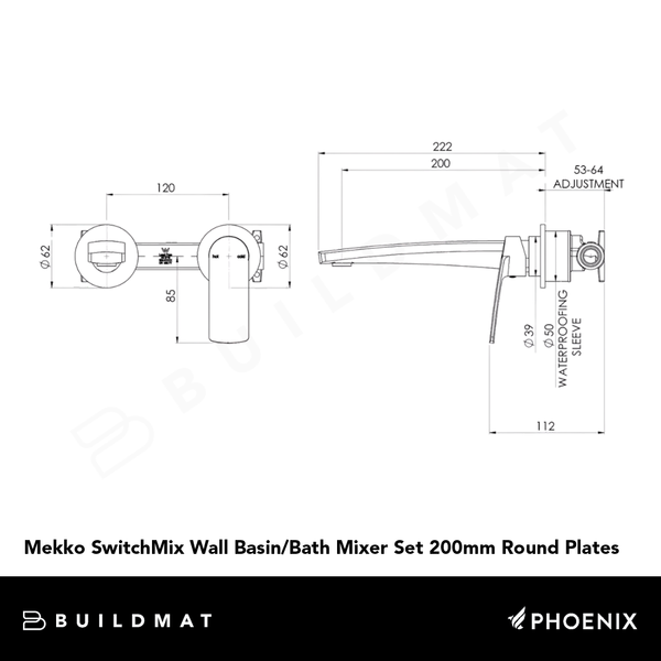 Phoenix Mekko SwitchMix Wall Basin / Bath Mixer Set 200mm Round Plates (Fit-Off Kit Only) Lead Free Brushed Nickel