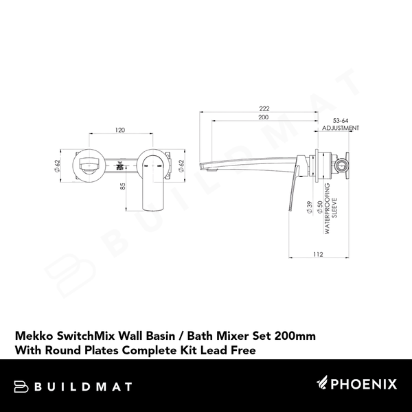 Phoenix Mekko SwitchMix Wall Basin / Bath Mixer Set 200mm Round Plates (Complete Kit) Lead Free Brushed Nickel