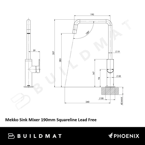 Phoenix Mekko Sink Mixer 190mm Squareline Lead Free Matte Black
