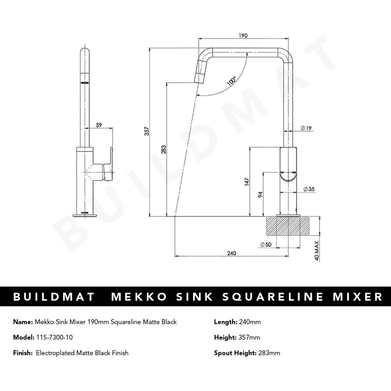 Mekko Matte Black Sink Mixer 190mm Squareline