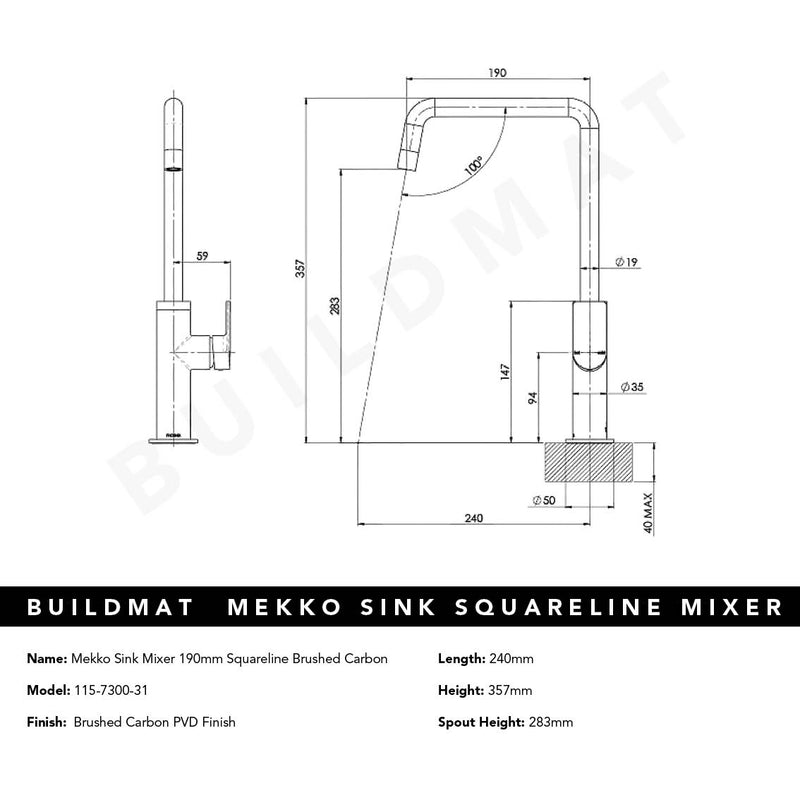 Mekko Brushed Carbon Sink Mixer 190mm Squareline