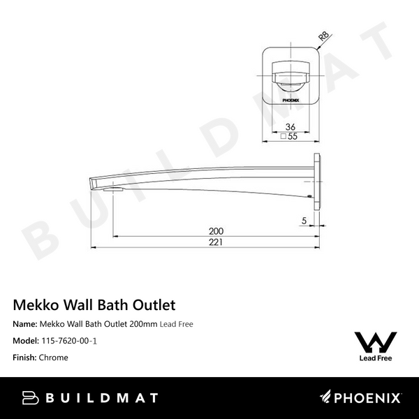 Phoenix Mekko Wall Bath Outlet 200mm Lead Free Chrome