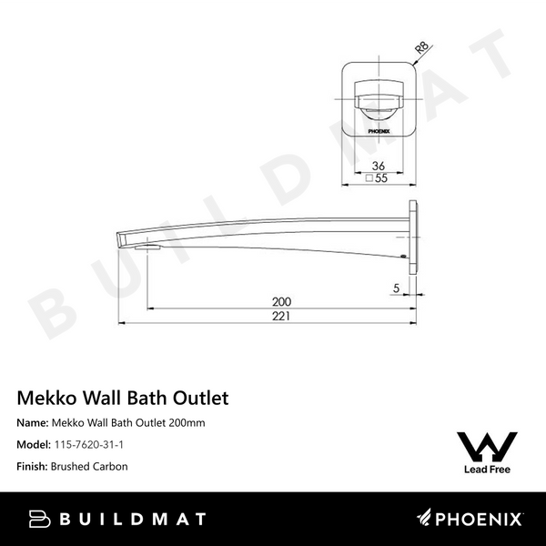 Phoenix Mekko Wall Bath Outlet 200mm Lead Free Brushed Carbon