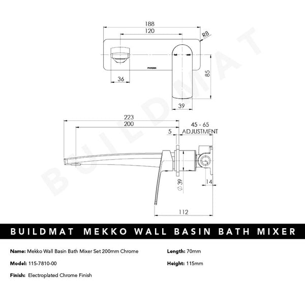 Phoenix Mekko SwitchMix Wall Basin / Bath Mixer Set 200mm Chrome (Complete Kit)