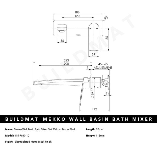 Phoenix Mekko SwitchMix Wall Basin / Bath Mixer Set 200mm Matte Black (Complete Kit)