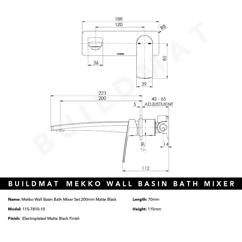 Mekko SwitchMix Wall Basin / Bath Mixer Set 200mm Matte Black