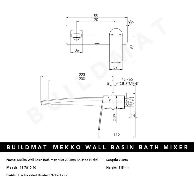 Mekko Wall Basin / Bath Mixer Set 200mm Brushed Nickel