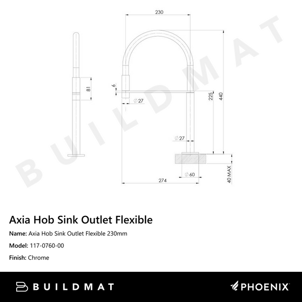Phoenix Axia Hob Sink Outlet Flexible Hose 230mm Chrome