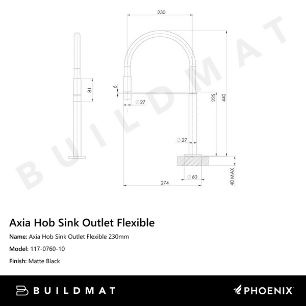 Phoenix Axia Hob Sink Outlet Flexible Hose 230mm Matte Black