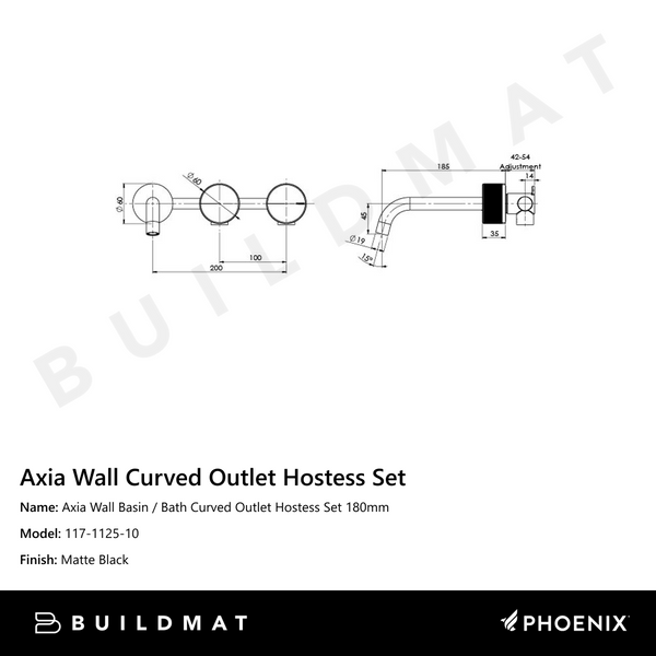 Phoenix Axia Wall Basin / Bath Curved Outlet Hostess Set 180mm Matte Black