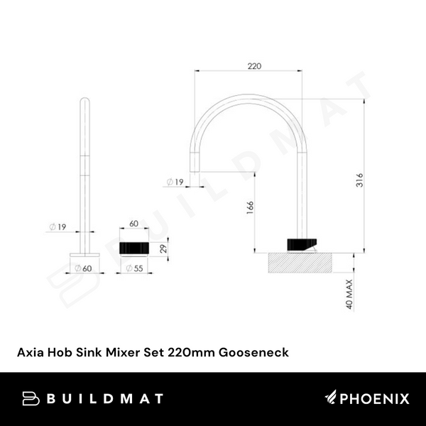 Phoenix Axia Hob Sink Mixer Set 220mm Gooseneck Chrome Lead Free