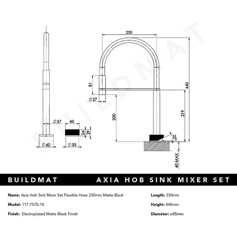 Axia Matte Black Hob Sink Mixer Set Flexible Hose 230mm