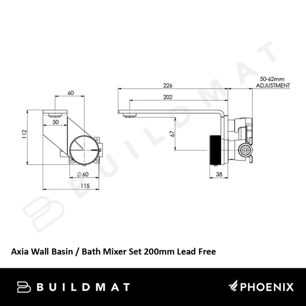 Phoenix Axia Wall Basin / Bath Mixer Set 200mm Matte Black Lead Free