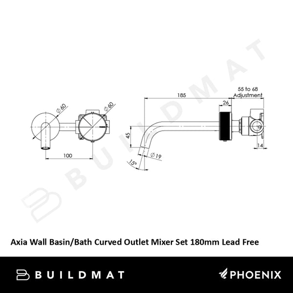 Phoenix Axia Wall Basin/Bath Curved Outlet Mixer Set 180mm Lead Free Brushed Nickel