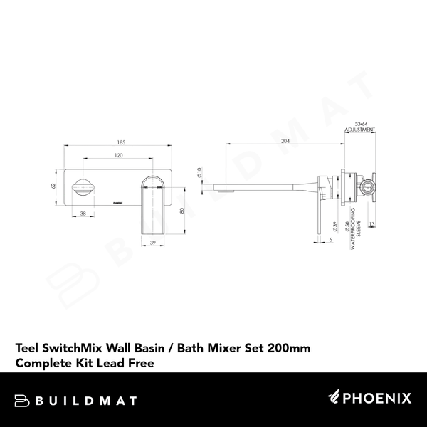 Phoenix Teel SwitchMix Wall Basin / Bath Mixer Set 200mm (Complete Kit) Lead Free Brushed Nickel