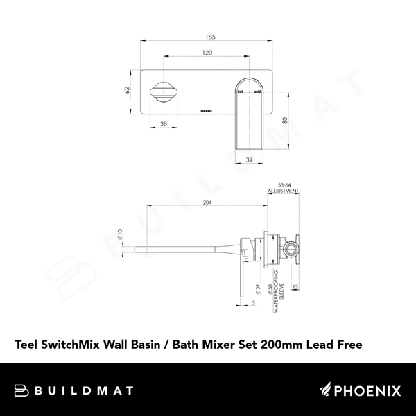 Phoenix Teel SwitchMix Wall Basin / Bath Mixer Set 200mm (Fit-Off Kit Only) Lead Free Chrome