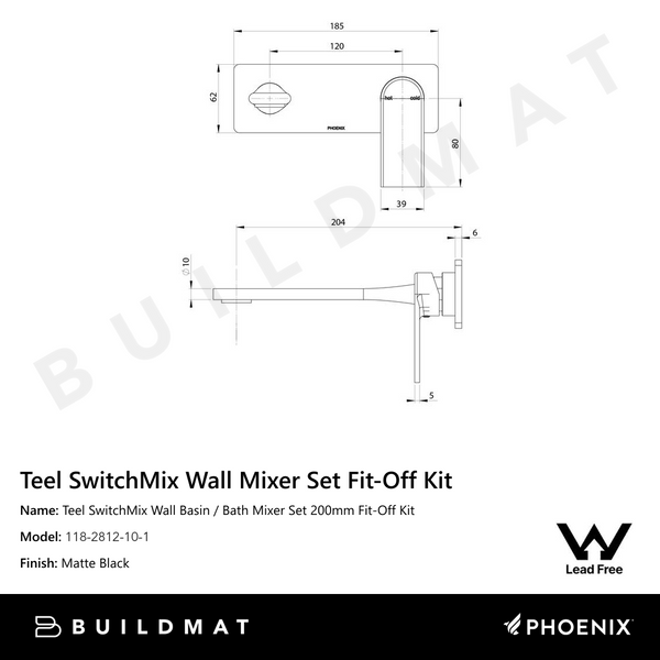 Phoenix Teel SwitchMix Wall Basin / Bath Mixer Set 200mm Fit-Off Kit Lead Free Matte Black