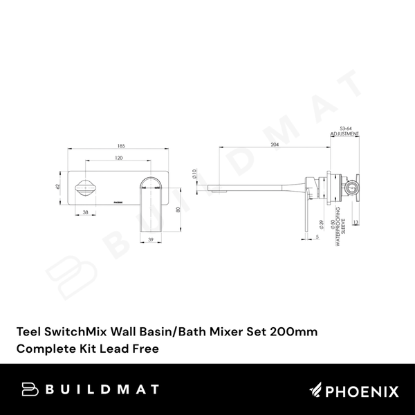 Phoenix Teel SwitchMix Wall Basin/Bath Mixer Set 200mm (Complete Kit) Matte Black Lead Free