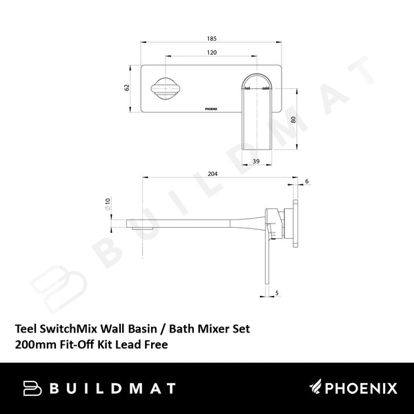 Phoenix Teel SwitchMix Wall Basin / Bath Mixer Set 200mm Fit-Off Kit Lead Free Brushed Nickel