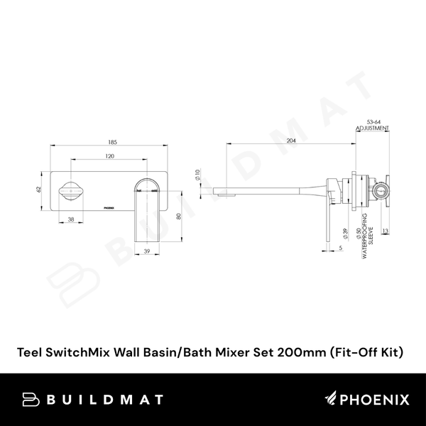 Phoenix Teel SwitchMix Wall Basin/Bath Mixer Set 200mm (Fit-Off Kit) Brushed Carbon Lead Free