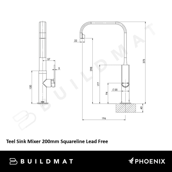 Phoenix Teel Sink Mixer 200mm Squareline Lead Free Matte Black