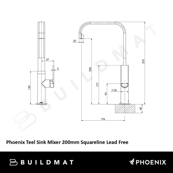 Phoenix Teel Sink Mixer 200mm Squareline Lead Free Brushed Nickel