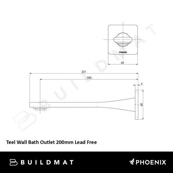 Phoenix Teel Wall Bath Outlet 200mm Lead Free Matte Black
