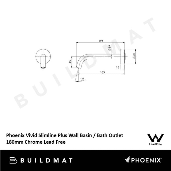 Phoenix Vivid Slimline Plus Wall Basin / Bath Outlet 180mm Chrome Lead Free
