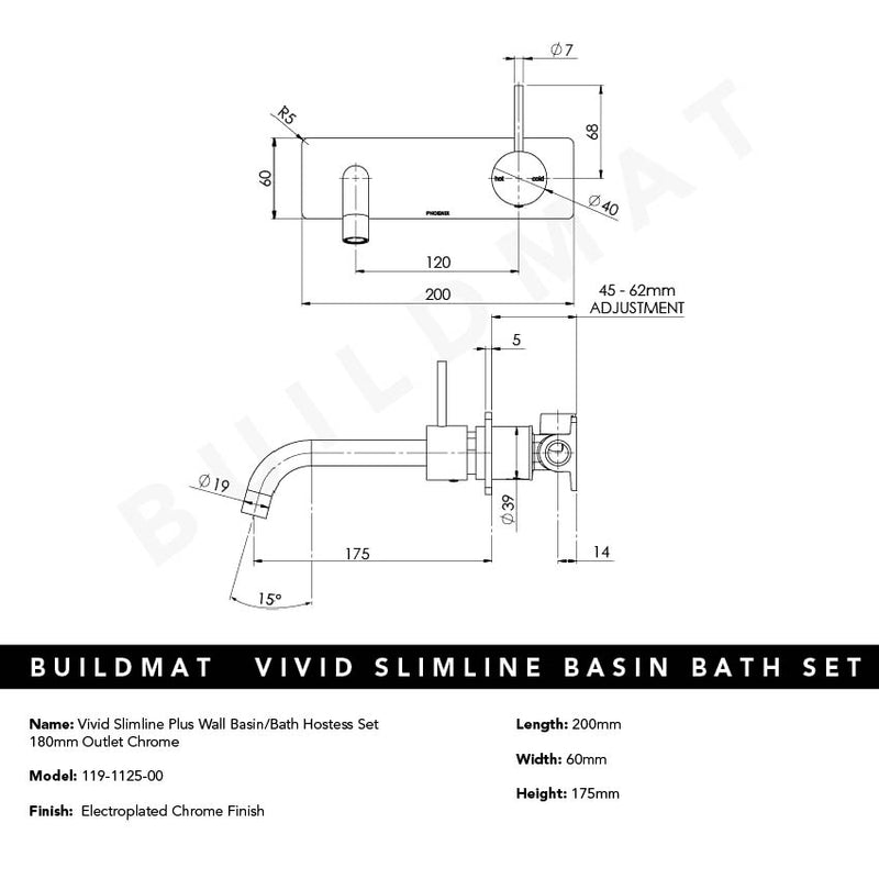 Vivid Slimline Plus Wall Basin / Bath Hostess Set 180mm Outlet Chrome
