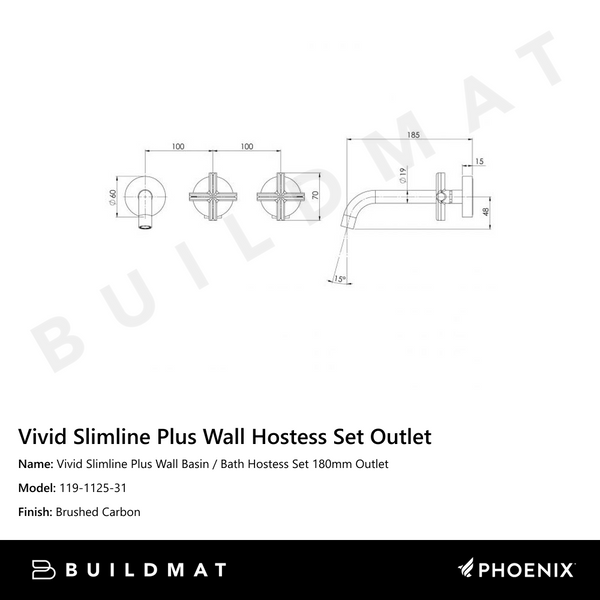 Phoenix Vivid Slimline Plus Wall Basin / Bath Hostess Set 180mm Outlet Brushed Carbon