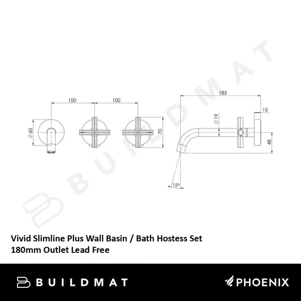 Phoenix Vivid Slimline Plus Wall Basin / Bath Hostess Set 180mm Outlet Lead Free Brushed Nickel