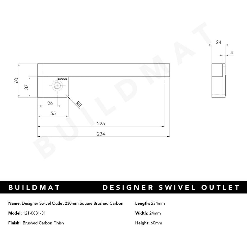 Designer Swivel Bath Outlet 230mm Square Brushed Carbon