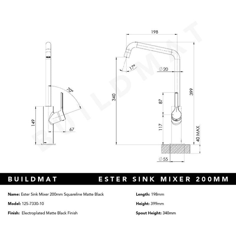 Ester Matte Black Sink Mixer 200mm Squareline