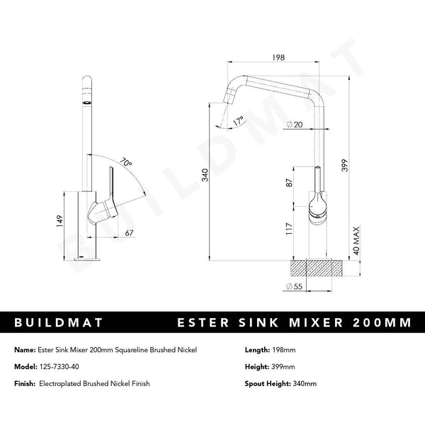 Phoenix Ester Brushed Nickel Sink Mixer 200mm Squareline