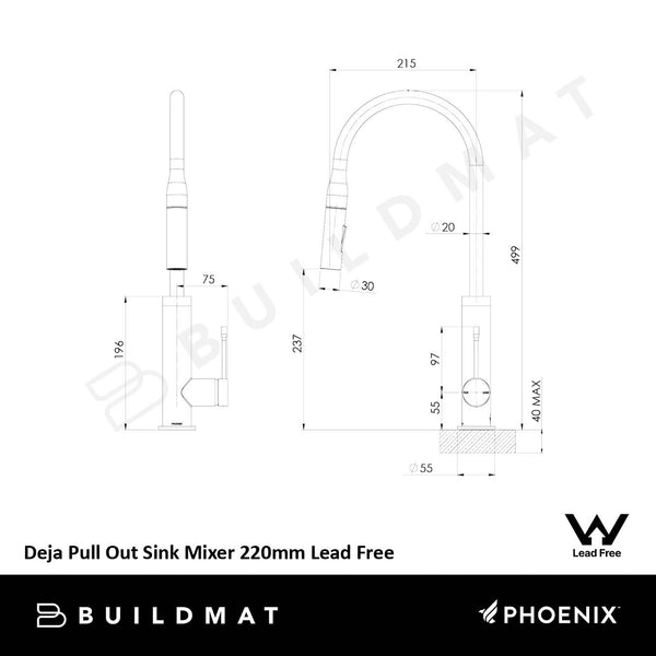 Phoenix Deja Pull Out Matte Black Sink Mixer 220mm Lead Free