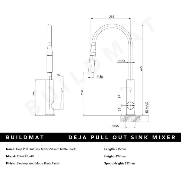Phoenix Deja Pull Out Matte Black Sink Mixer 220mm