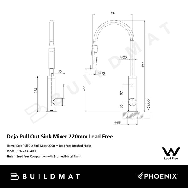 Phoenix Deja Pull Out Sink Mixer 220mm Lead Free Brushed Nickel