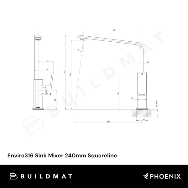 Phoenix Enviro316 Sink Mixer 240mm Squareline Stainless Steel Lead Free